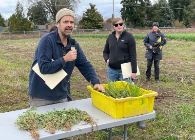 Nick Andrews, organic vegetable extension specialist for OSU, discusses how to estimate plant-available nitrogen from cover crops on April 5, 2023, at the North Willamette Research and Extension Center, Aurora. Photo: George Plaven/Capital Press