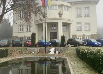 The Czech and Ukrainian flags flying side-by-side at the Institute of Vertebrate Biology, Czech Academy of Sciences, Brno.