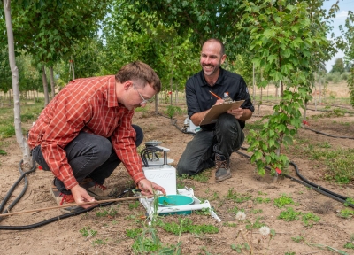 Clint Taylor (left) and Lloyd Nackley kneel beside monitoring equipment, collecting plant data. Credit: Alyson Yates