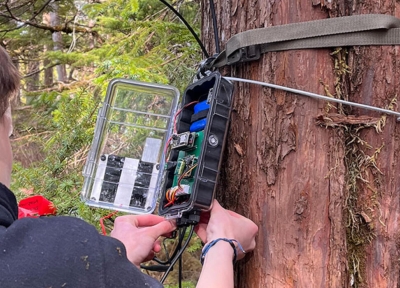 Students install an environmental sensing device in the field as part of hands‑on work through Oregon State’s OPEnS Lab. Photo by Chet Udell