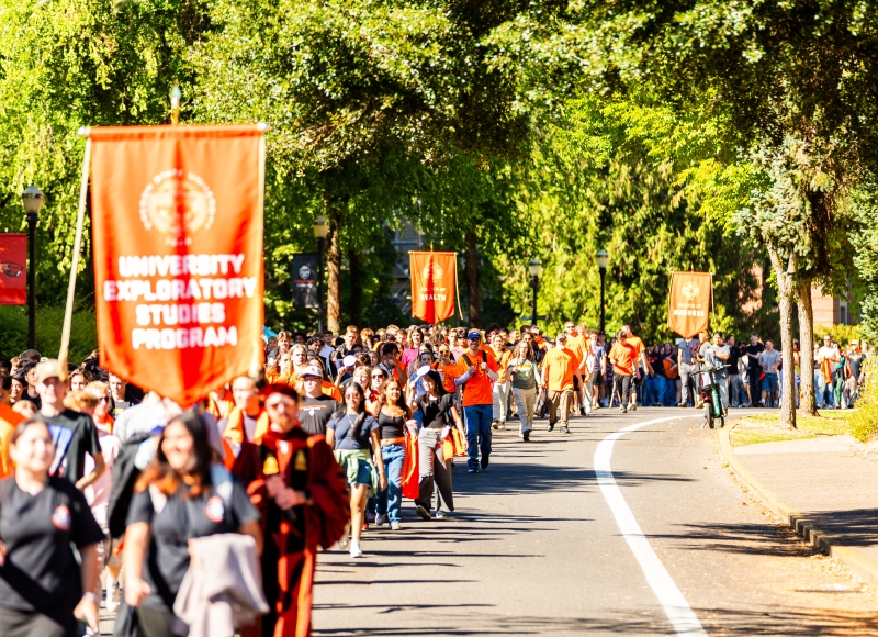 Students march across campus during OSUs 2025 convocation.