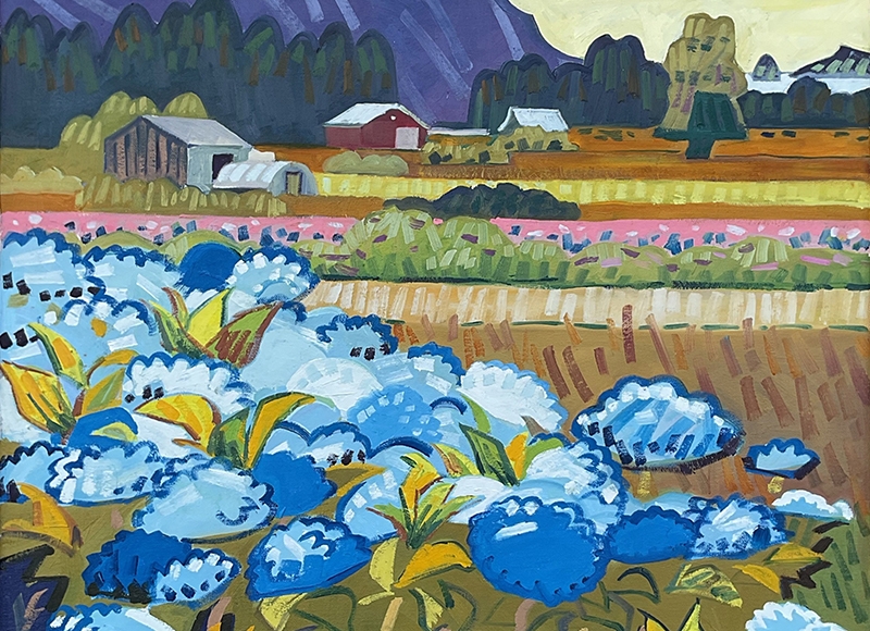 Julian Bell, Hydrangea Farm, Harbor, Oregon, 2025, 2025, oil on canvas, 26" x 20".